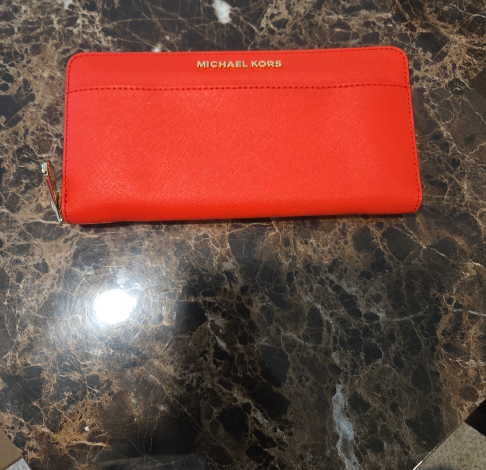 Michael Kors Coral-Red Zip Wallet with Gold Logo
